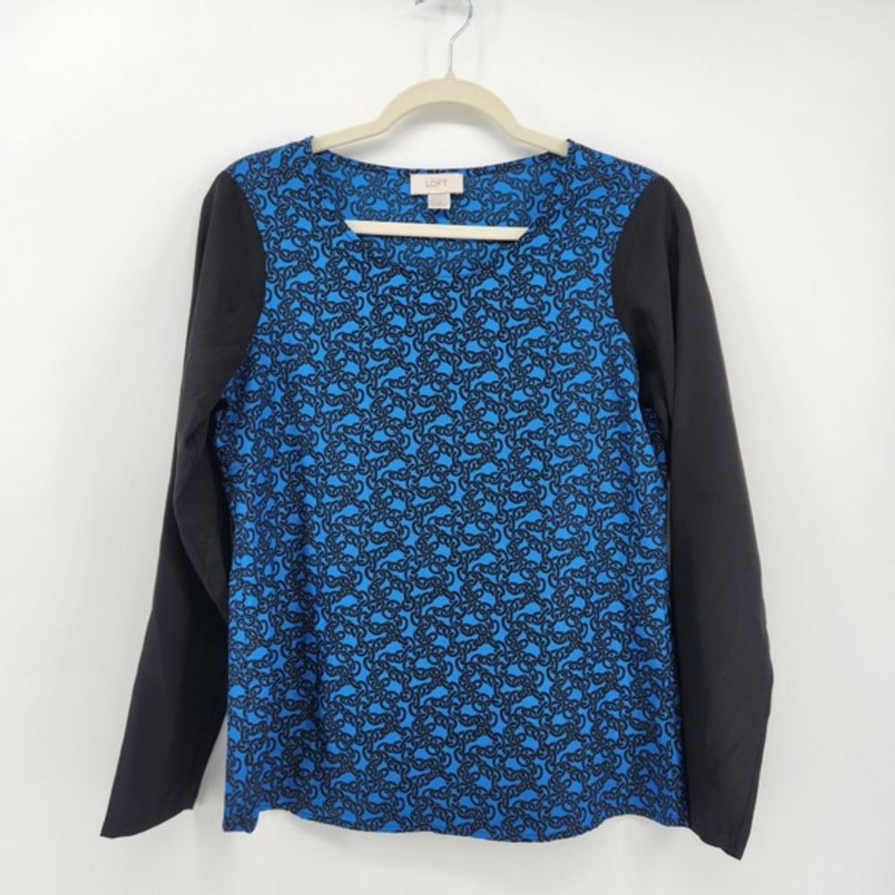Loft Women's XS Blue‎ Black Chain Print Long Sleeve Top Shirt Blouse